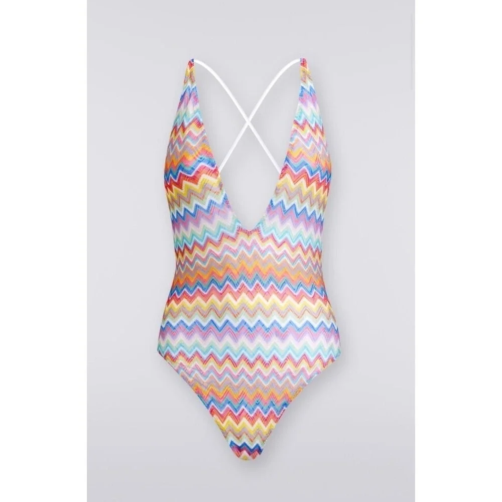 Missoni Mare Women Multicolor Zigzag Knit Deep V-Neck One-Piece Swimsuit NEW